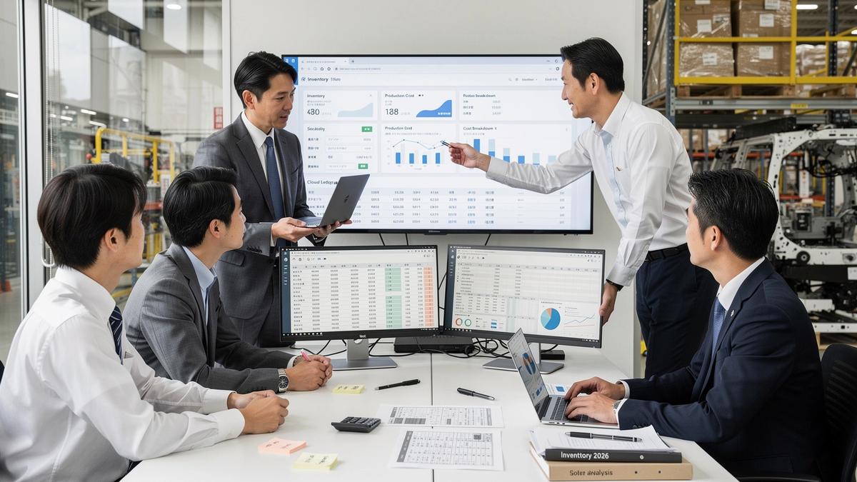 Finance team reviewing manufacturing cost and inventory data on a cloud accounting dashboard
